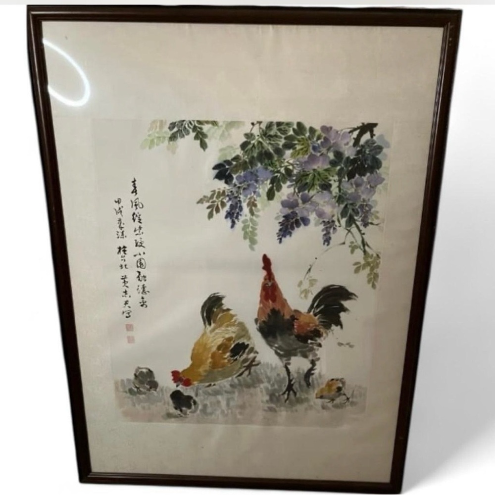Vintage Chinese Watercolor ROOSTER Painting SIGNED 49.5”x37”